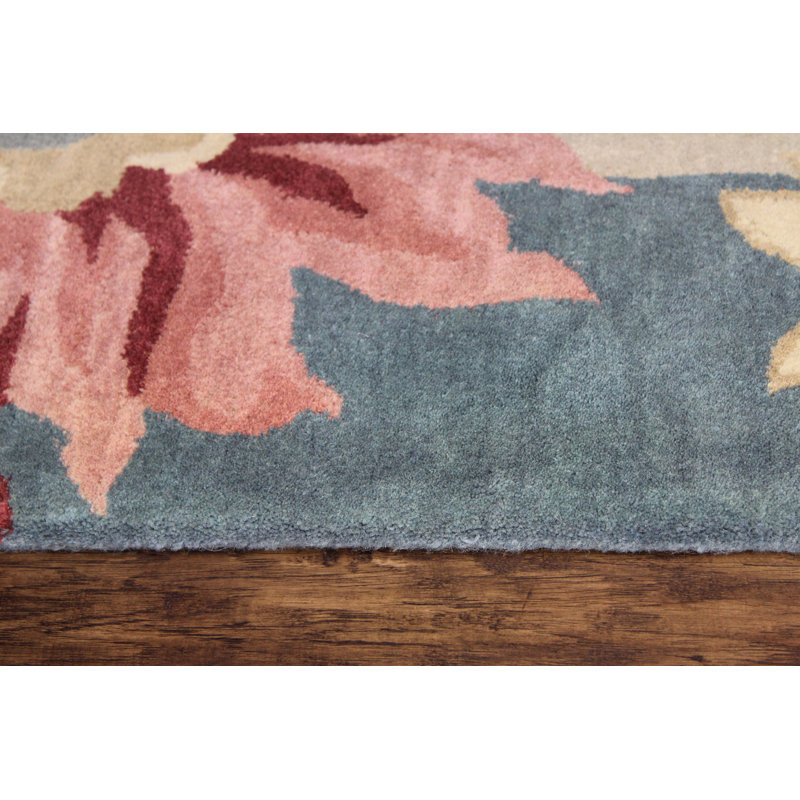 Tapis beige / bleu / rose en laine noué à la main à motif floral 5 pi x 8 pi Floral
