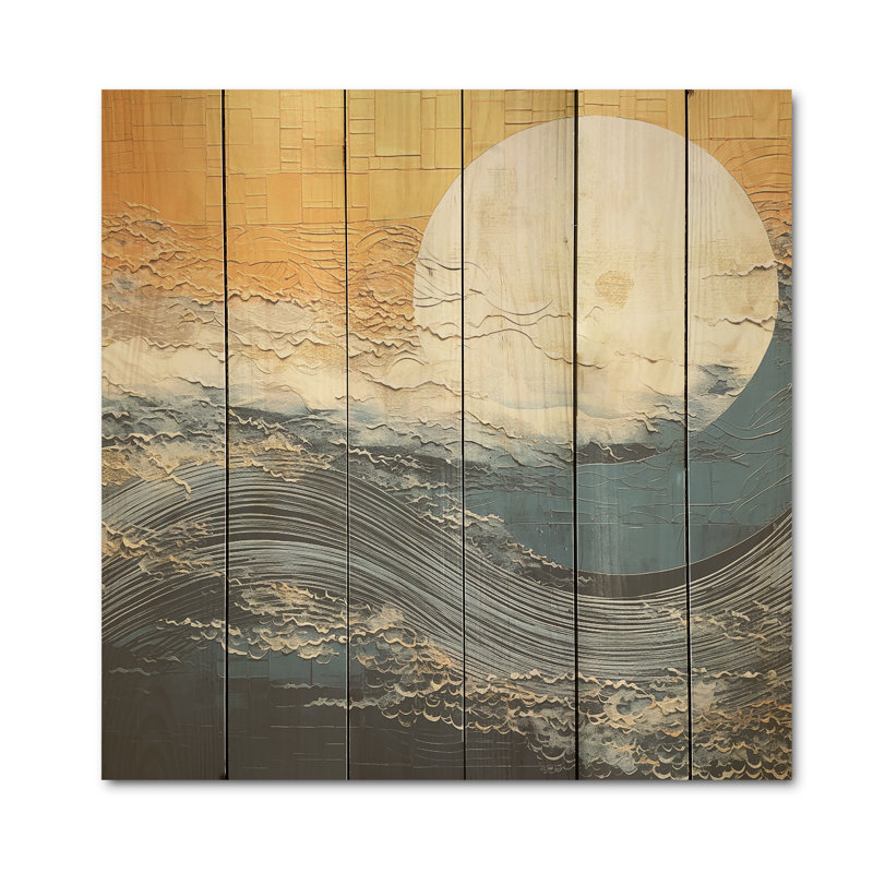 Noir et doré, rêverie coucher de soleil - lever de soleil sur bois de pin naturel, H 25 po x l 25 po