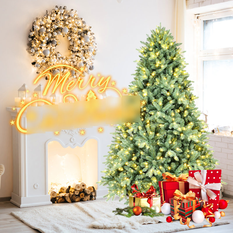 Arbre de Noël 9 pi bleu, 1150 lumières blanc chaud, 4368 pointes, assemblage à charnières pour une installation facile et rapide, arbre de support en métal de teinte, lumières à DEL, stable Pe + Branches