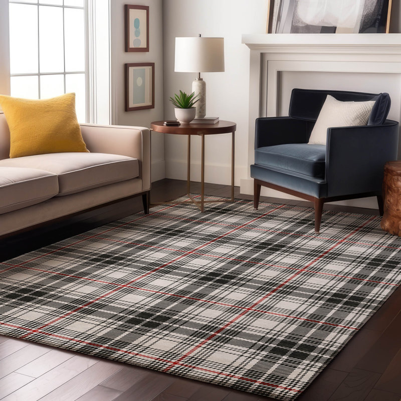 Premium Machine Washable Lyndhurst AMF993 Plaid Rug, Rectangle 3' x 5'
