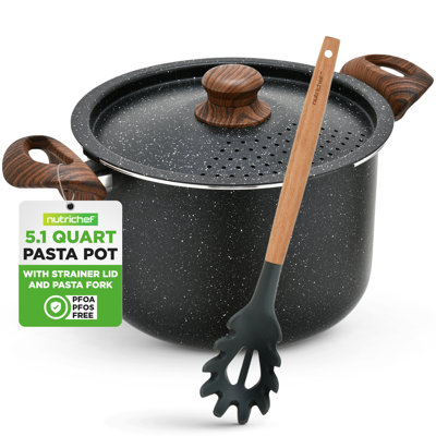 Nutrichef 5Qt Pasta Pot With Strainer Lid & Pasta Fork | Non-Stick Cooking Pot | Lockable Lid, Heat Resistant Handles | Even Heat Distribution | Easy Clean | Black Marble