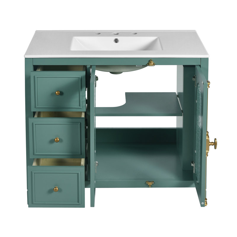 Meuble-lavabo de 36 po avec 2 portes à fermeture douce, armoire de rangement moderne à 3 tiroirs avec cadre en bois massif
