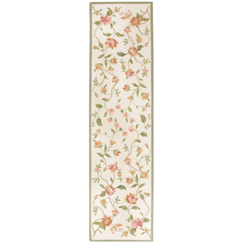 Kinchen Hand Hooked Wool Floral Rug, Runner 2'6" x 10', Beige