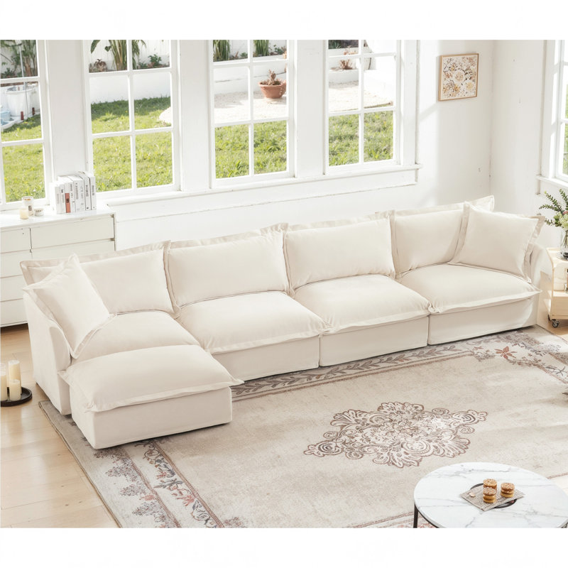Slipcovered L Shape Sectional Long Sofa Couch, Cream