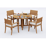 5 Pcs Grade-A Teak Wood Dining Set: 48" Round Butterfly Table And 4 Travota Stacking Arm Chairs #11TV0904