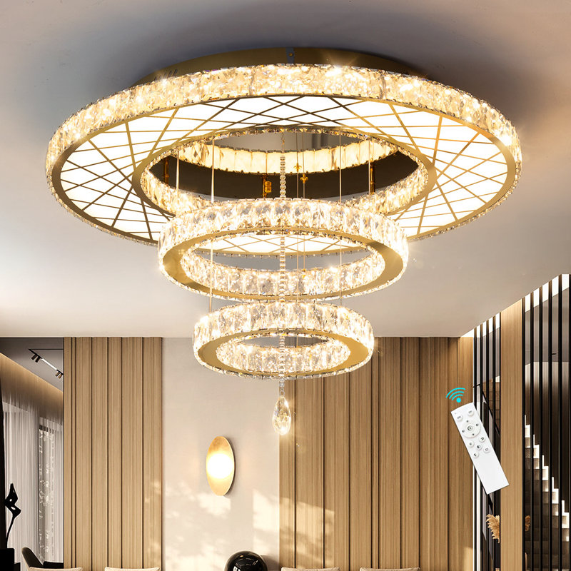 Luxurious Gold Crystal Large Flush Mount Chandelier with Remote