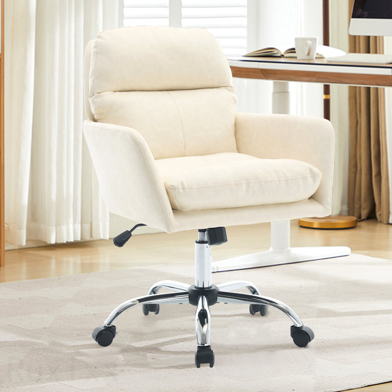 White Artificial Leather Pu Leather Office Chair, Black Base, Adjustable In Height, Suitable For Office Bedroom Dressing Table And Other Environments