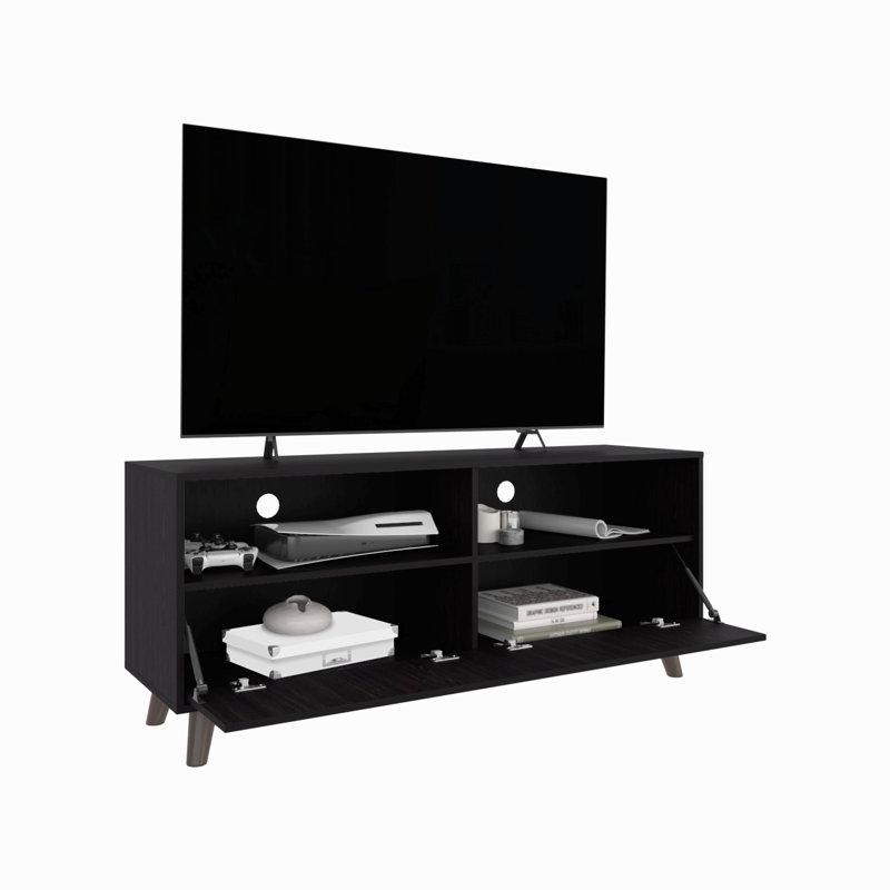 Meuble télé Patrick avec 2 portes et tablettes de rangement ouvertes, centre de divertissement moderne, noir