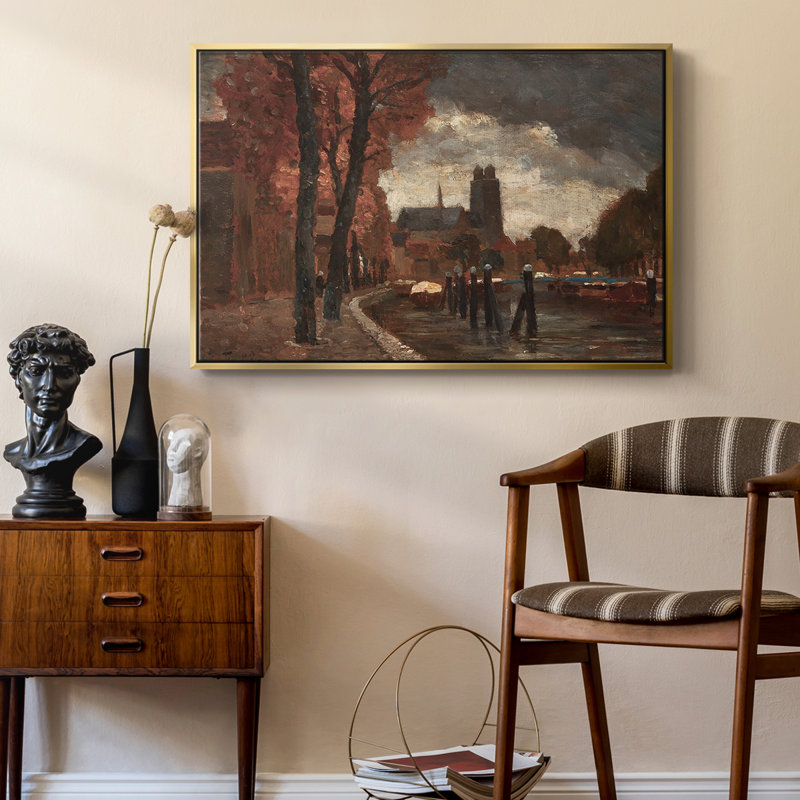 Paysage rétro - CCxxxi, Toile avec cadre flottant or, H 17 po x l 25 po x P 2 po