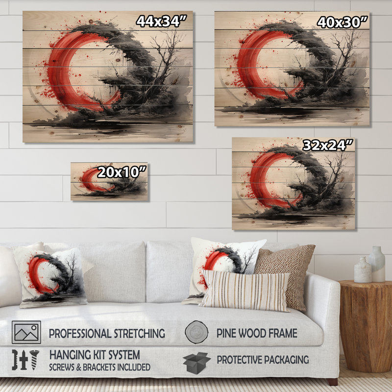 Art bouddhiste rouge et noir, impression sur bois, H 30 po x l 40 po x P 0,78 po