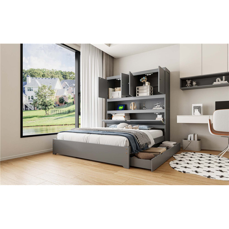 Lit plateforme en bois avec port USB, tête de lit et tiroirs de rangement, Gris, Lit double