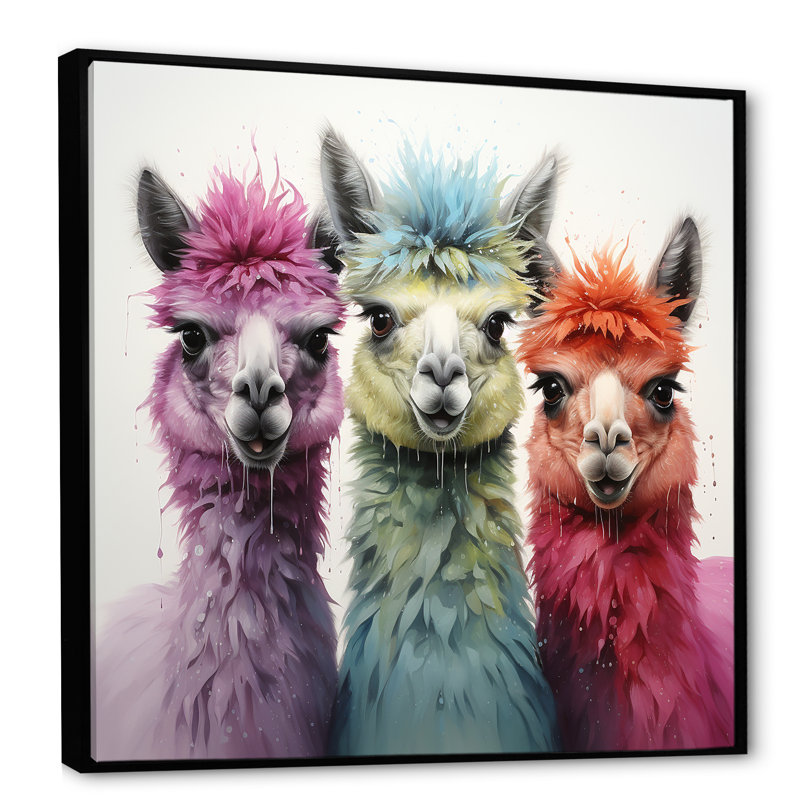 Cheerful Alpaca Family Portrait III - perroquet, art mural, Cadre flottant noir, H 16 po x l 16 po x P 1 po