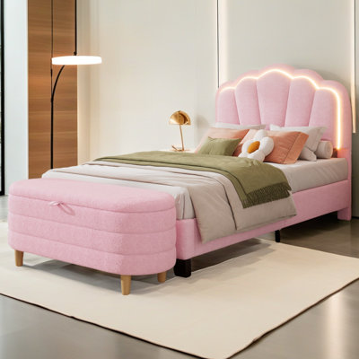 2-Pieces Bedroom Sets Flower-Shaped Upholstered LED Platform Bed With Storage Ottoman-Sherpa Fabric