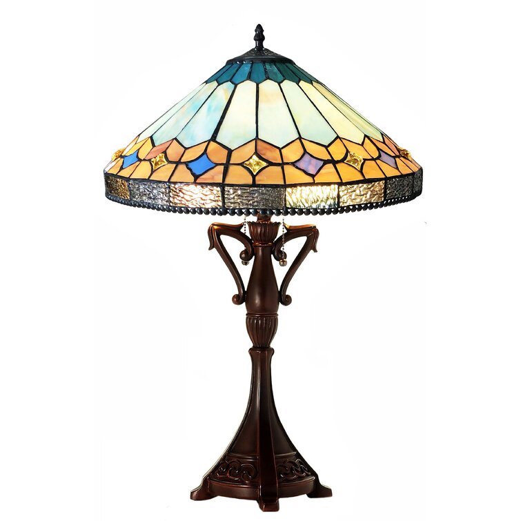 Louis Comfort Tiffany Mission Style Geometric Green Arrow Glass Shade Table Lamp Union Rustic