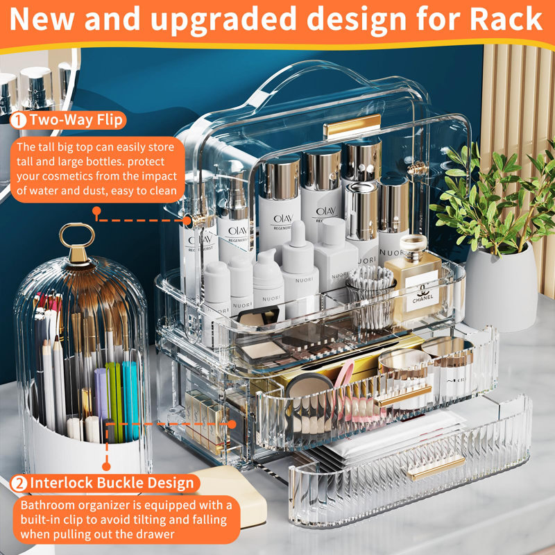 Orren Ellis Makeup Organizers Skincare Organizers With 2-Layer Box And Transparent Cover Waterproof Dustproof Cosmetics Display Cases With Brush Holder For Vanity Countertop Bathroom Dresser Bedroom(Clear)