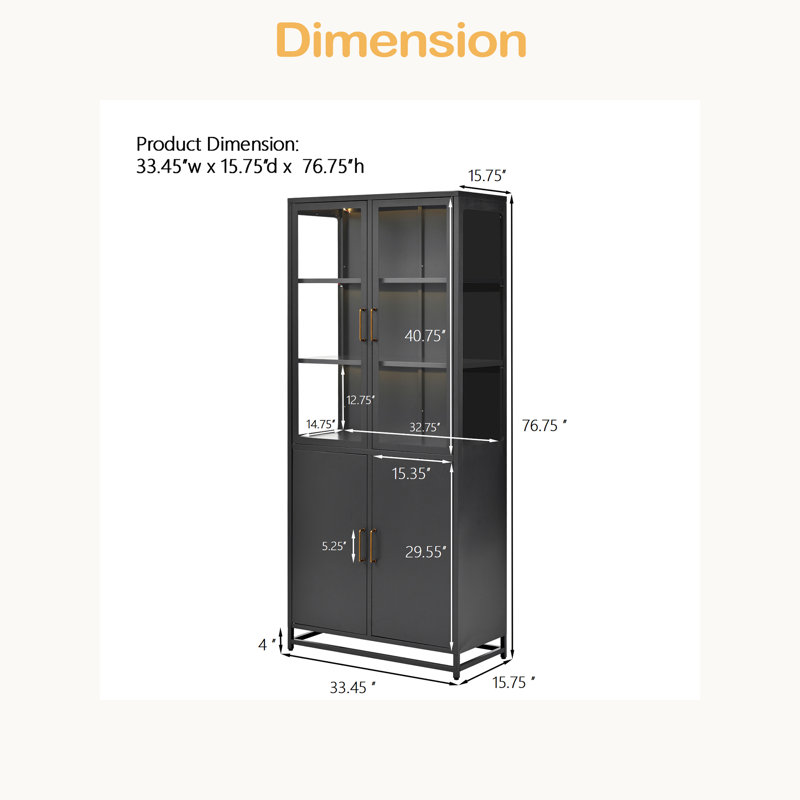 76.75'' Tall Display Cabinet, With Glass Doors And LED Lights, Steel Curio Cabinet With 3-Sided Glass, Pantry Cabinet With Storage For Hallways