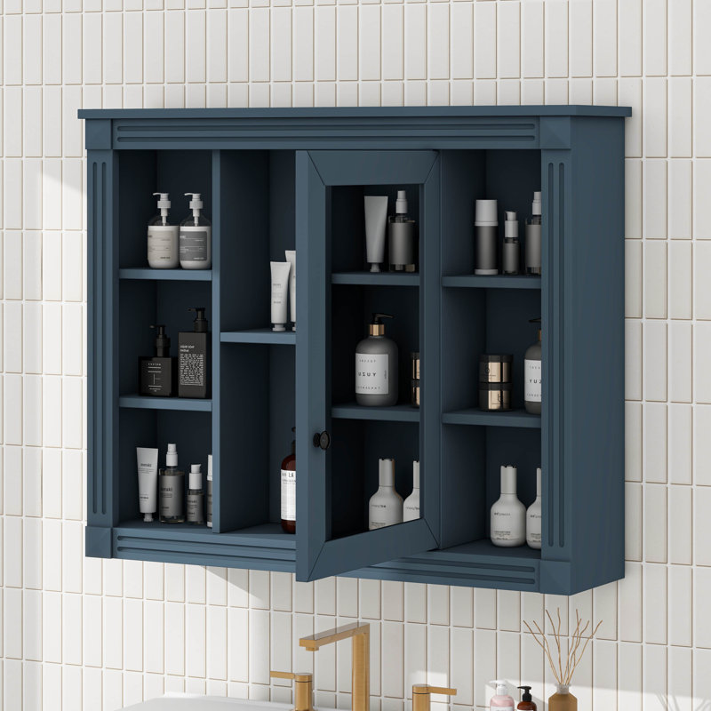 Armoire à pharmacie murale avec miroir, 6 tablettes ouvertes, Bleu