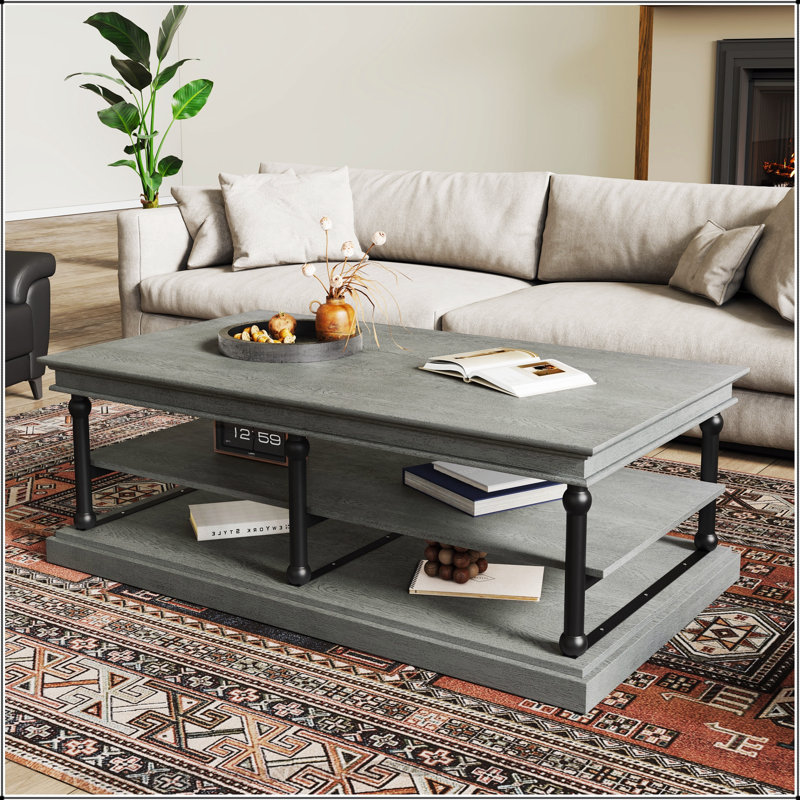 Table basse moderne en bois avec tablettes ouvertes, rangement spacieux et présentoir pour les essentiels du salon