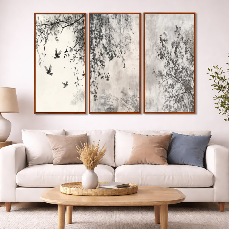 «Black Tree Blooms in a Chinese Ink Landscape - Asian Art», impression sur toile à 3 panneaux, 40" H x 60" W