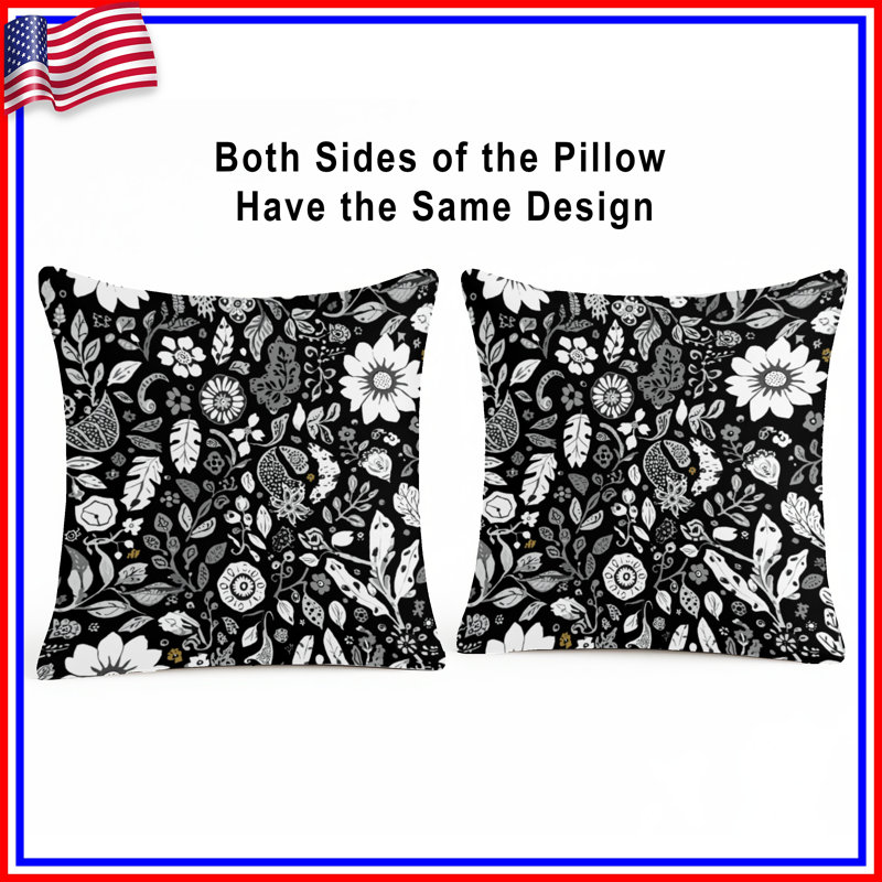 Coussins décoratifs noirs et blancs à motif floral, 26 x 26 pouces
