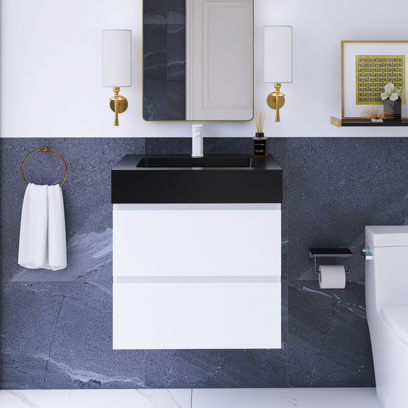 24 po Meuble-lavabo mural à simple cuve W, Noir, noir, noir, noir, Blanc