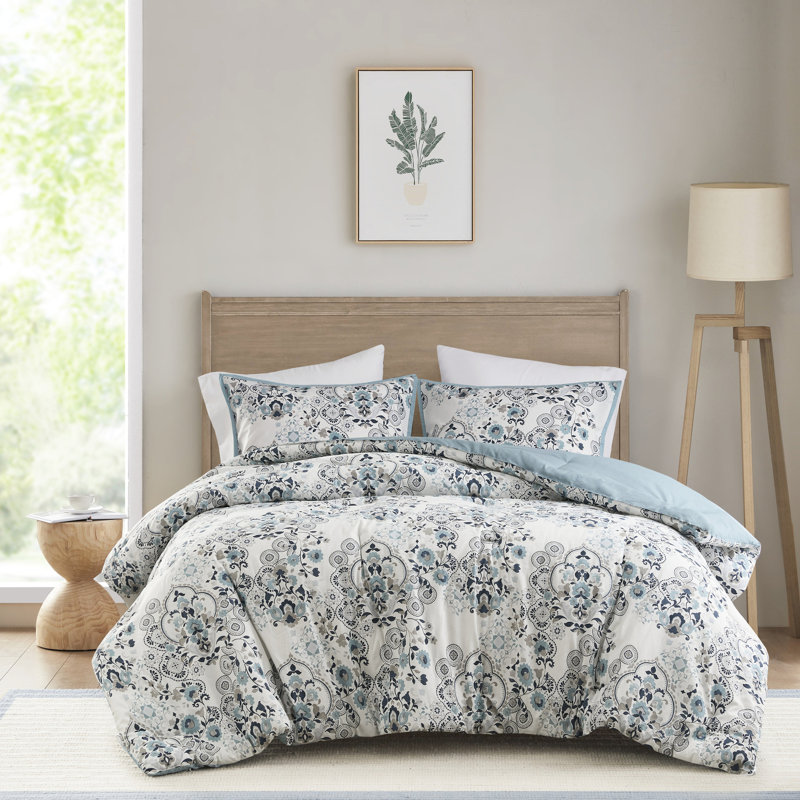 Édredon 3 pièces en coton à imprimé floral bleu, très grand lavable à la machine, rembourrage 100%