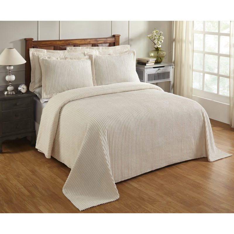 Jullian 100% Cotton Chenille Tufted Bedspread, Classic Stripe Design, Soft Breathable Coverlet, All-Season Machine Washable, OEKO-TEX Certified, Full/Double Size, Ivory