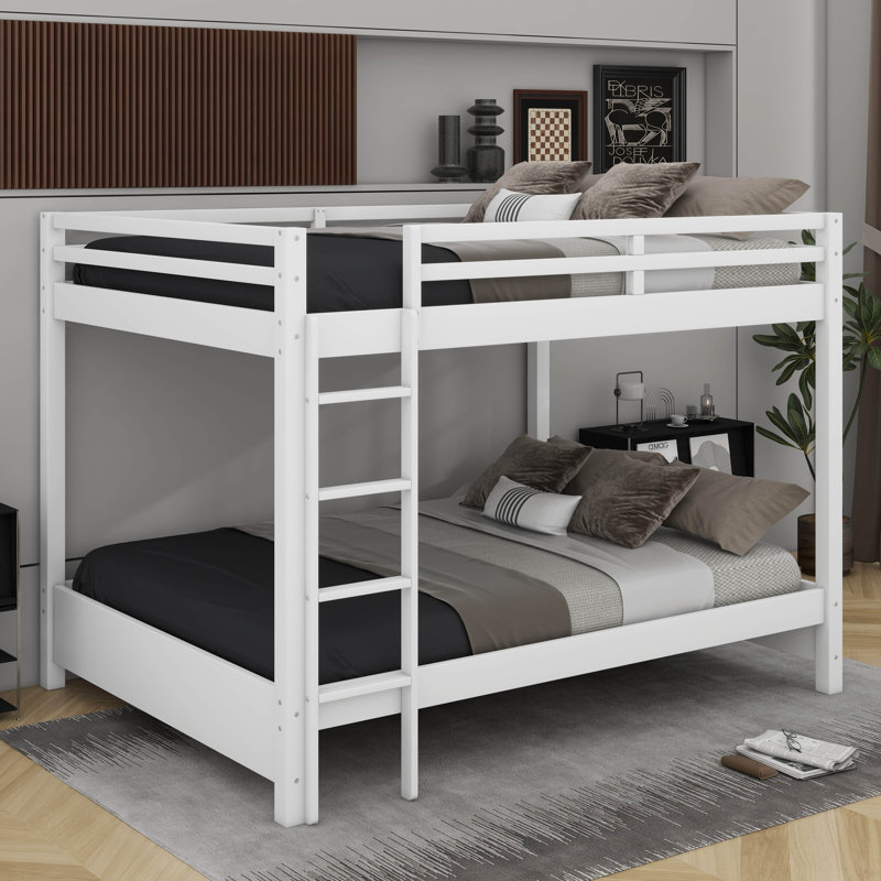 Queen Size Bunk Bed With Ladder And Trundle, White