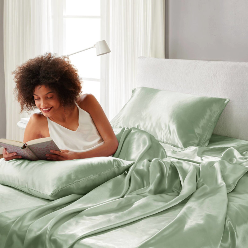 Lit simple en satin de luxe 4 pièces - sauge, sans substances nocives, réduit les frisottis, convient aux matelas de 16 po
