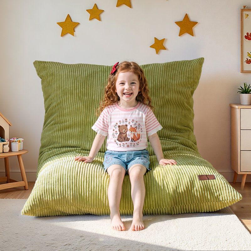 Fauteuil à billes convertible pour enfants, Velours côtelé vert