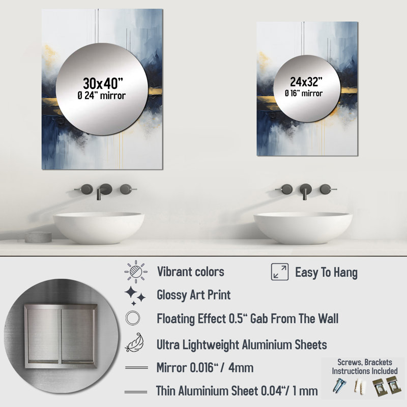 Blue and yellow marble storm IV - Abstract Painting Mirror, Modern Unique Wall Mirror, Printed Metal Art, 40" x 30"