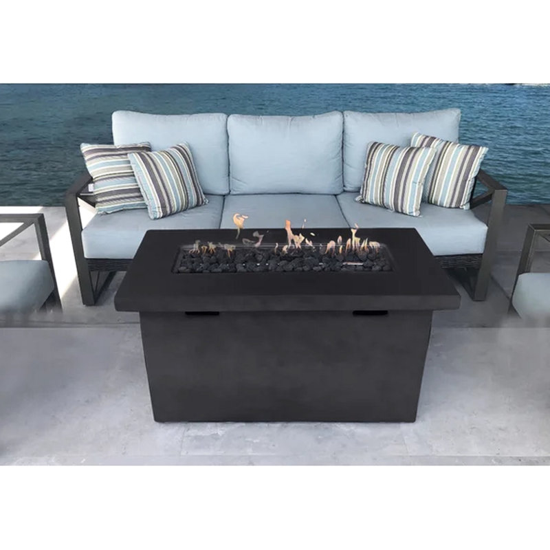 42" W Outdoor Fire Pit Table Made From Concrete - 25" H, Modern Style, With Adjustable Flame And Lava Rock Insert Rust , Push-button Operated Rocks