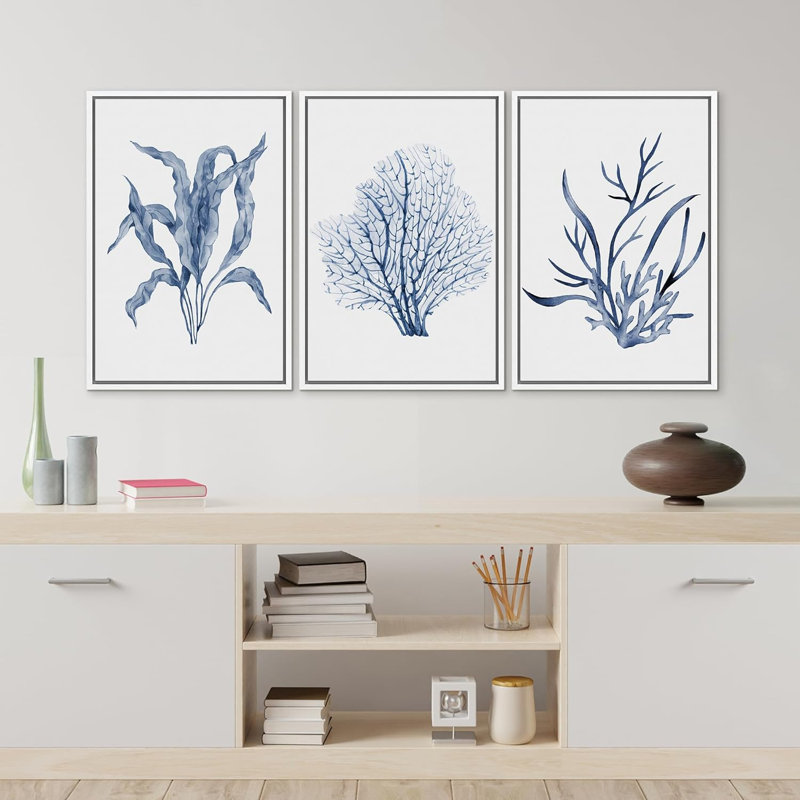 Feuille de plante bleue 3 pièces, H 36 po x l 24 po x P 1,5 po, Blanc