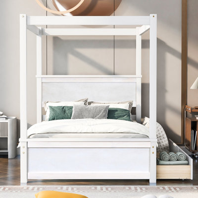 Lit à baldaquin avec compartiments supplémentaires, aucun sommier nécessaire, blanc brossé, lit au design moderne de L 79,5 po x l 56,9 po, tiroirs peu encombrants, en bois de pin massif