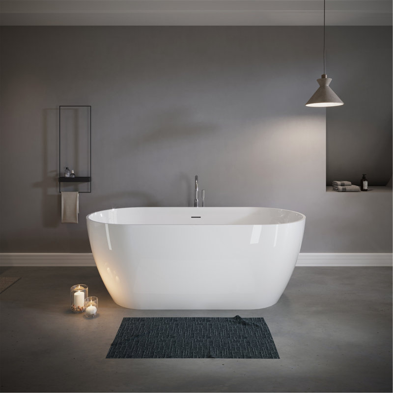 Baignoire autoportante de 59 po à surface solide, baignoire de luxe autoportante en résine de pierre avec trop-plein et bonde escamotable pour salle de bain contemporaine, blanc brillant