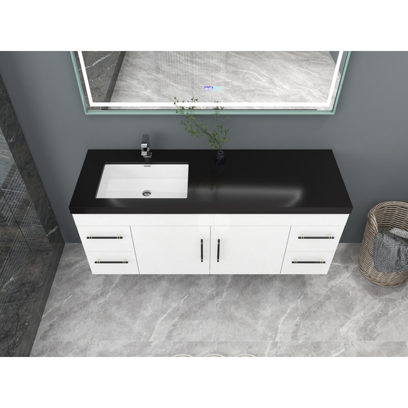 Ensemble de meuble-lavabo mural 60 po, Blanc très luisant, Noir mat