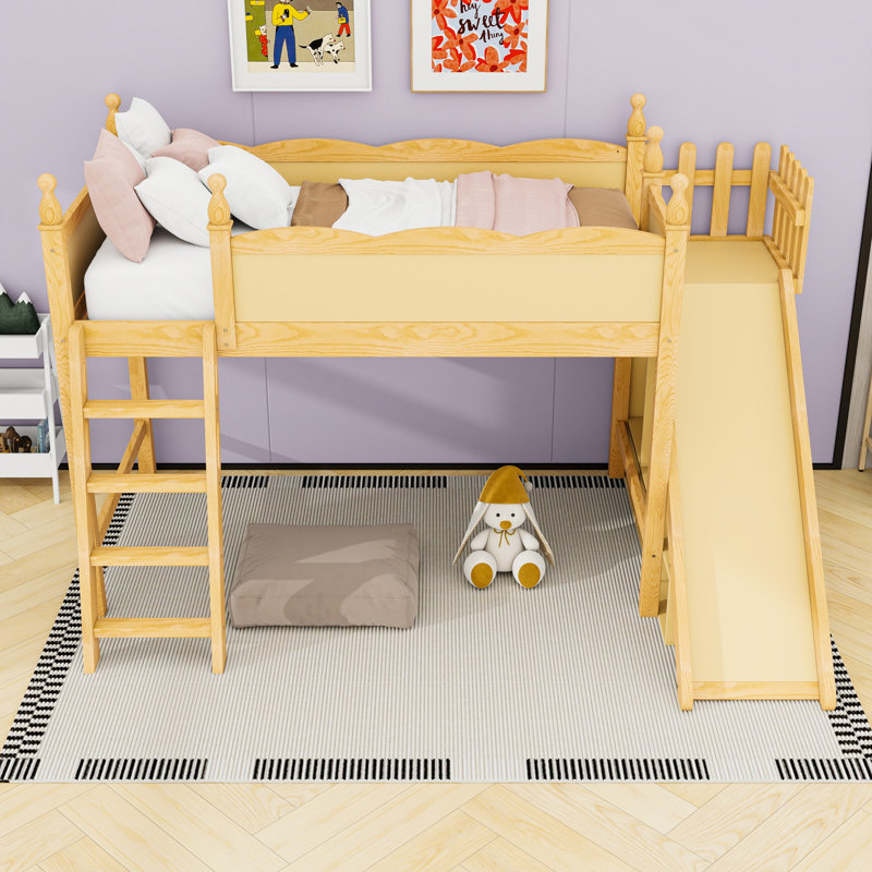 Lit mezzanine en bois avec glissade, tablettes de rangement et garde-robe, Lit simple, Naturel