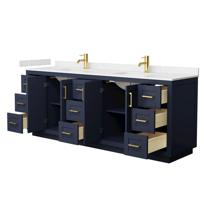 Miranda 84" Freestanding Double Bathroom Vanity with Cultured Marble Top, Brushed Gold, Carrara Cultured Marble, Dark Blue