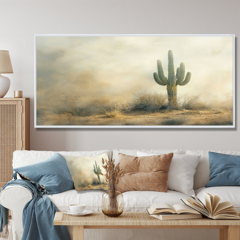 Cactus tempête de sable II - cactus, art mural, H 28 po x l 60 po, Cadre flottant, Blanc