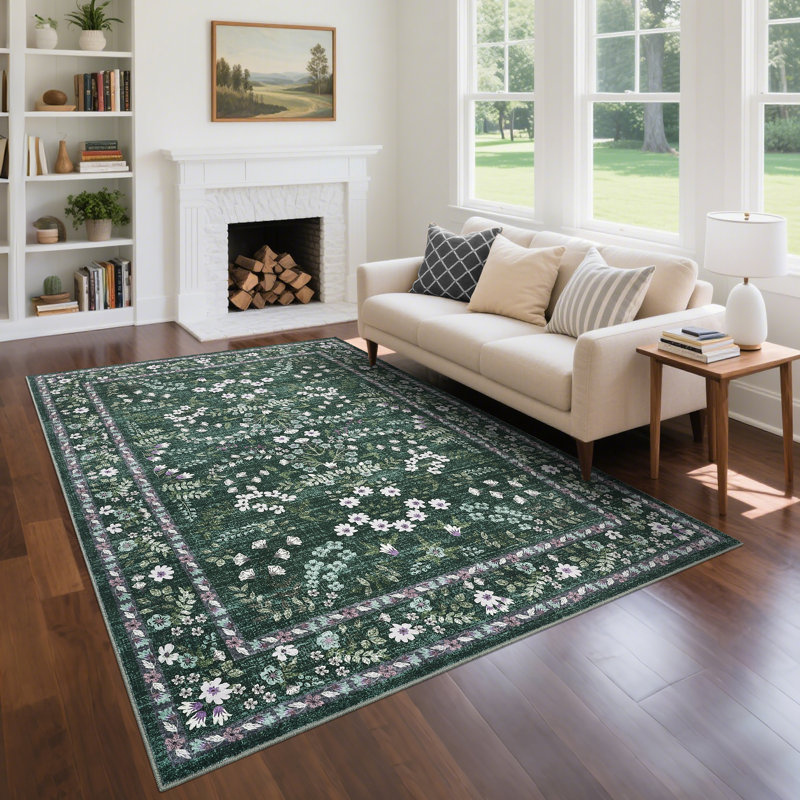Modern Floral Machine Washable Rug for Living Room, Farmhouse Flower Soft Non Shedding Floor Covering with Non Slip TPR Backing, Indoor Foldable Low Pile Thin Mat