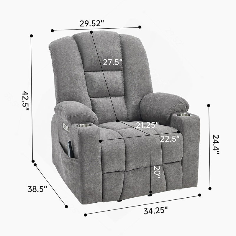 Power Lift Recliner Chair with Massage and Heat for Elderly, Overstuffed Wide Recliners, Heavy Duty Motion Mechanism with USB and Type C Ports, 2 Steel Cup Holders