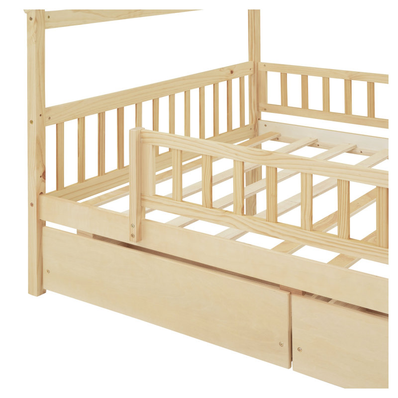 Lit double pleine grandeur en bois avec deux tiroirs de rangement, base de lit pour enfant en bois de pin massif naturel avec tête de lit