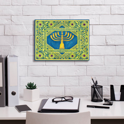 Epic Graffiti 'Hanukah Menorah On Turquoise' by Andrea Strongwater Canvas Wall Art