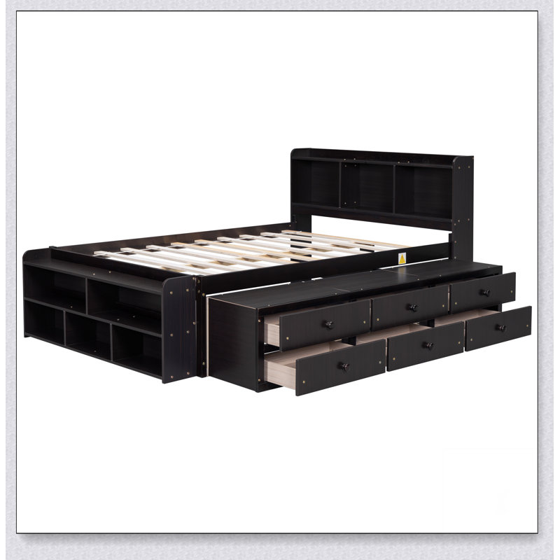 Bed With Side Bookcase, Drawers, Espresso