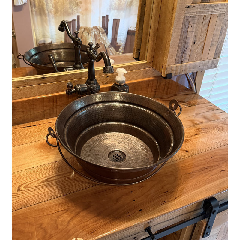 15" Rustic Farmhouse Copper Vessel Bucket / Pail Bathroom Sink with Grid Drain