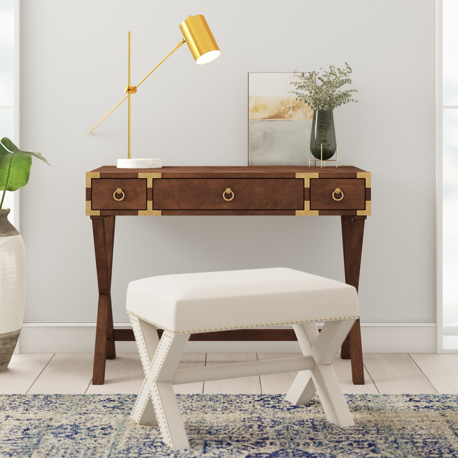 Aerilyn Wood 2-Drawer Desk with X-Base Legs, Brown