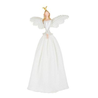 White Poly Demure Angel Warm White LED Tree Topper with Fluffy Wings