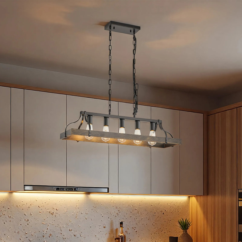 34 in. 5-Light Cage Dark Walnut Rustic Linear Pendant Light for Kitchen Island with No Bulbs Included