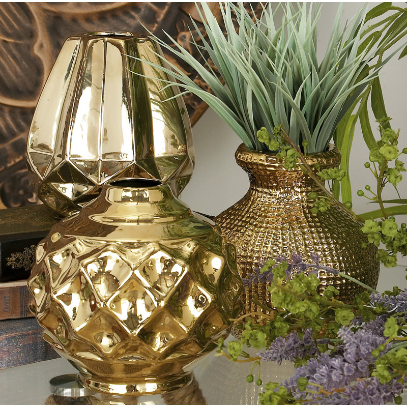 Gold Ceramic Decorative Vase with Varying Patterns Set, Golden