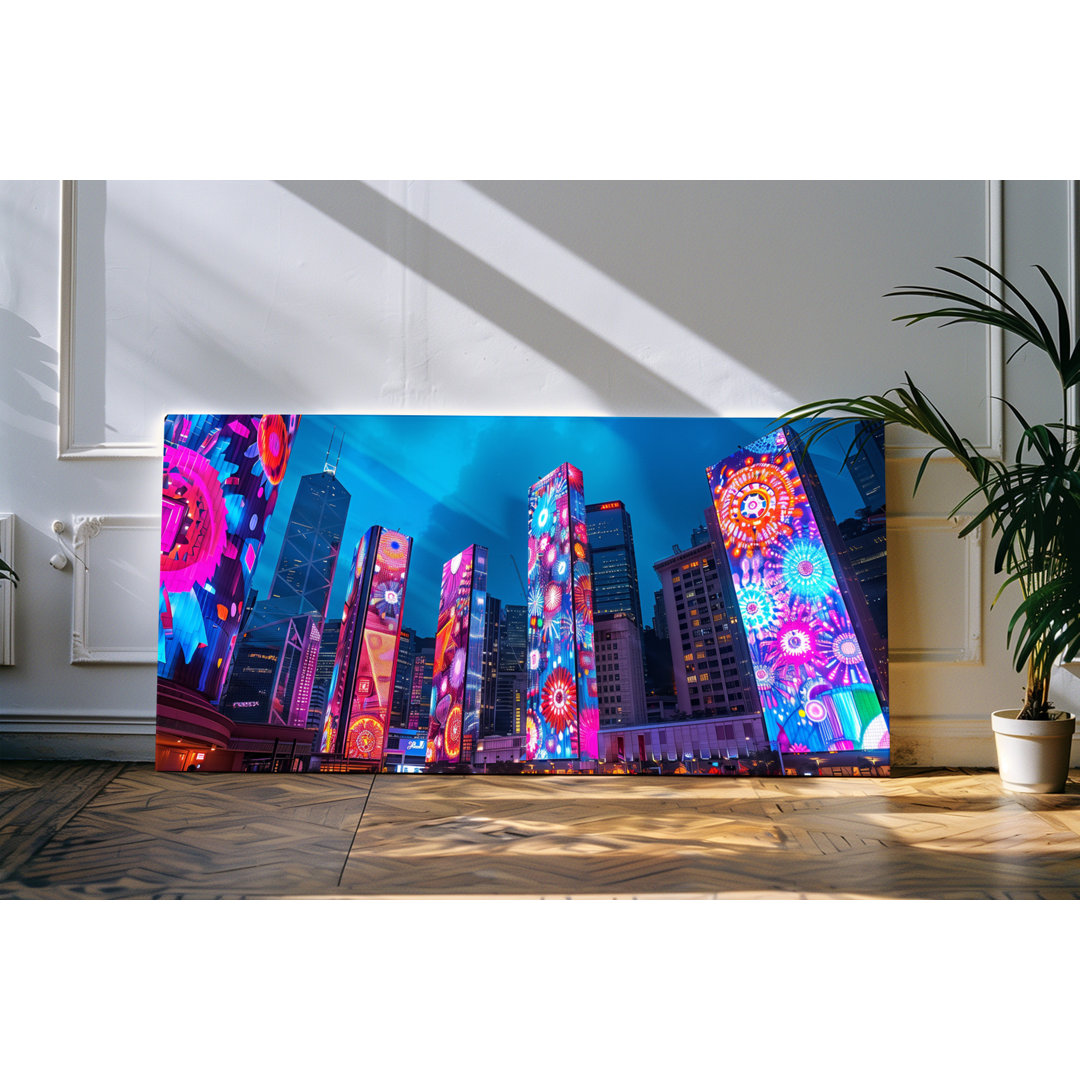 Bilder auf Leinwand 120x60cm Großstadt bei Nacht Neonlichter Hochhäuser Metropole